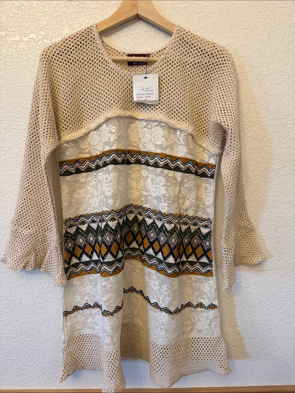 Avanli Cream Knit & Lace Sweater with Green, Gold, Black Pattern